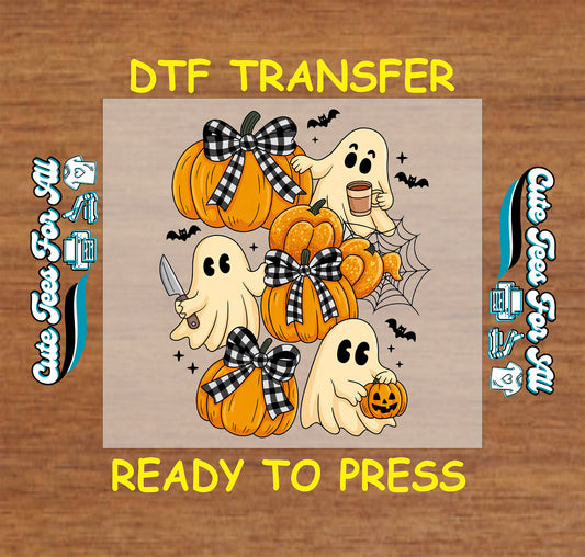 Halloween ghosts with pumpkins bows spiderwebs ready to press dtf transfer for diy halloween shirts