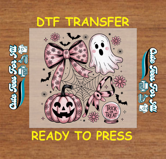 Pink halloween ghost pumpkin bows spiderwebs trick or treat ready to press dtf transfer for diy shirts