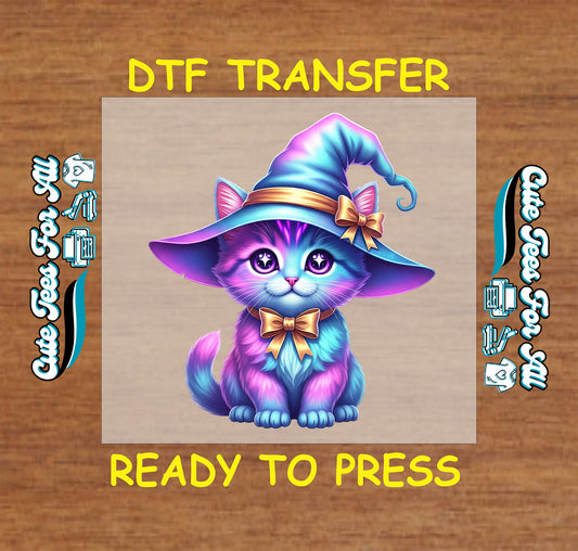 Colorful halloween witch cat ready to press dtf transfer with hat and bow for diy shirts