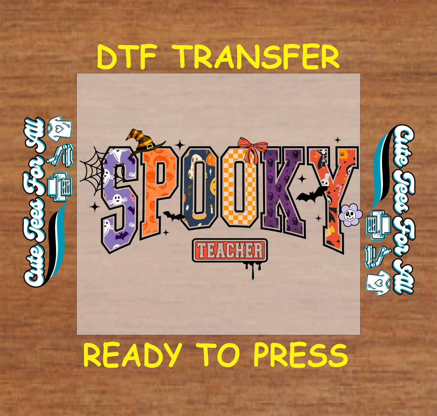 Spooky teacher halloween ready to press dtf transfer with bats spiderwebs pumpkins and fall colors for diy shirts