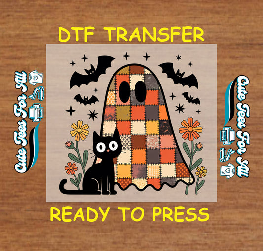 Halloween patchwork quilt ghost dtf transfer with black cat, flowers, and bats ready to press for DIY shirts.