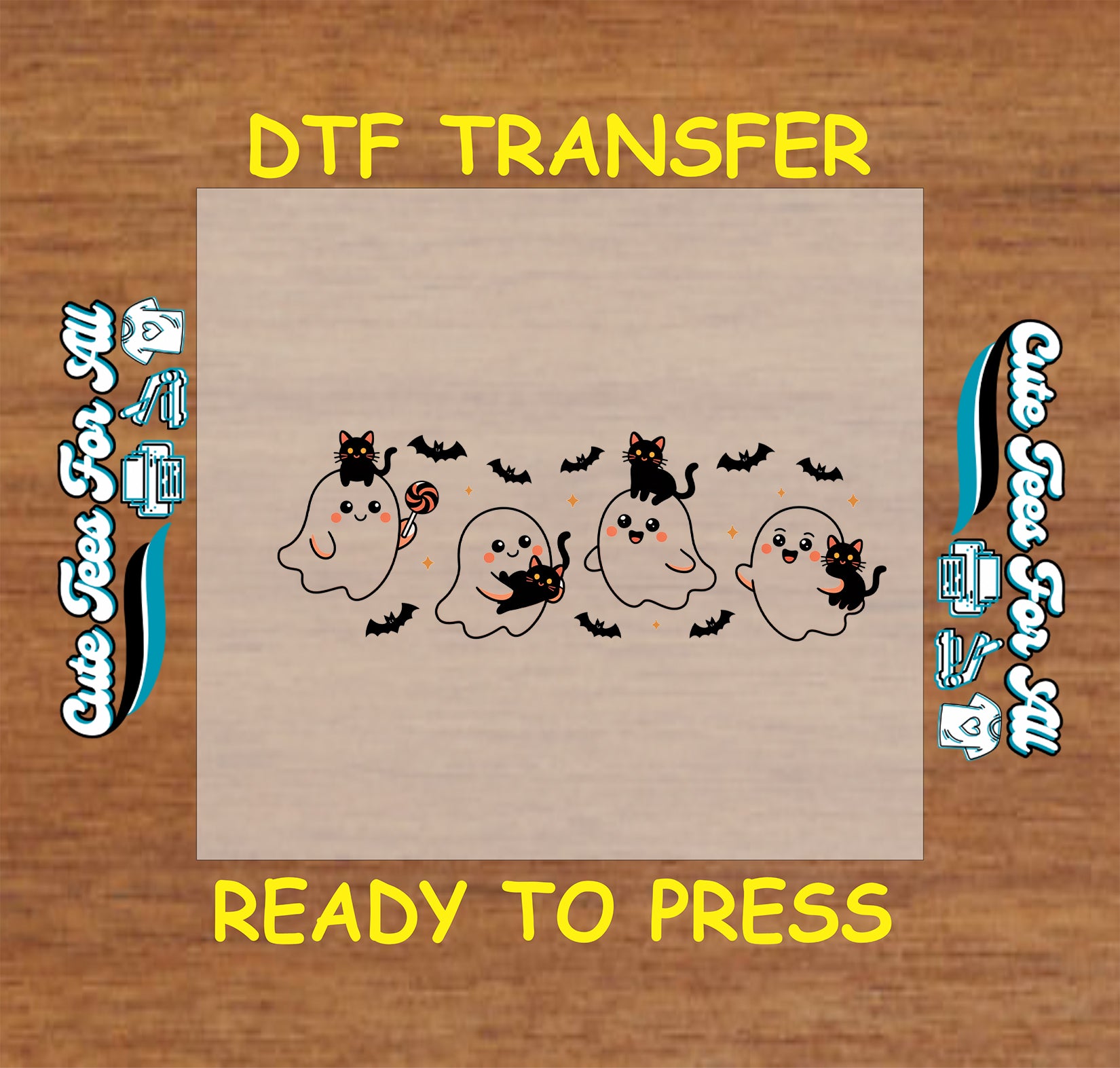 Cute Halloween ghosts dtf transfer with black cats, candy, and bats ready to press for DIY shirts.