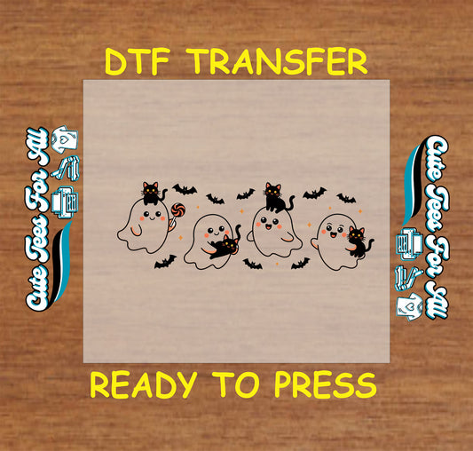 Cute Halloween ghosts dtf transfer with black cats, candy, and bats ready to press for DIY shirts.