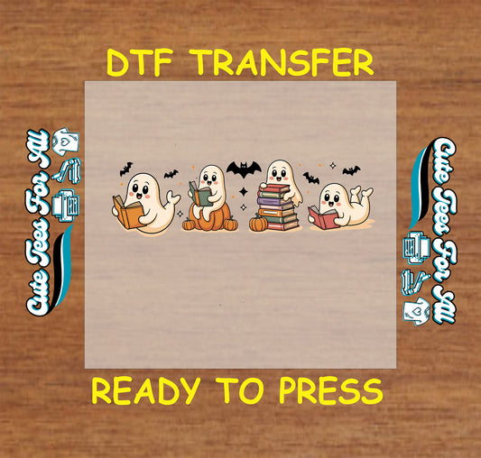 Halloween ghost reading books with pumpkins and bats ready to press dtf transfer for DIY shirts