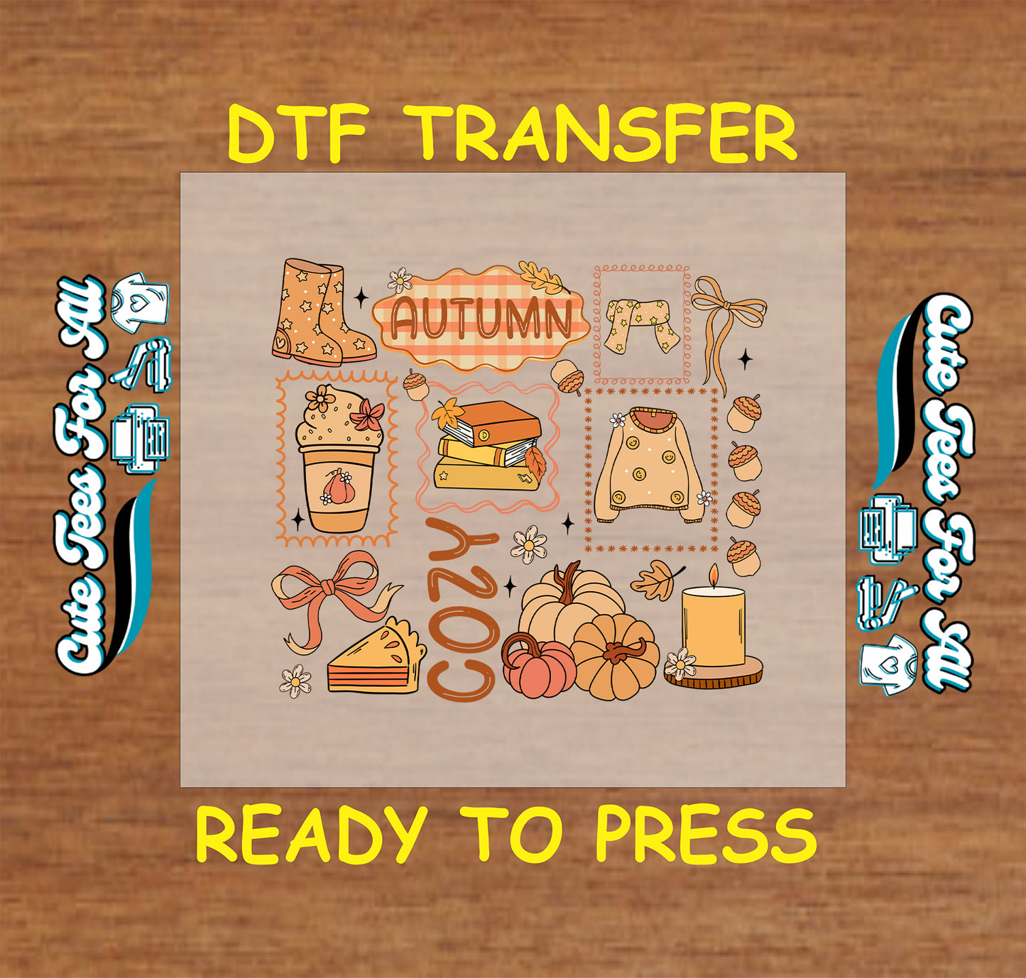 Cozy autumn patchwork with pumpkins, sweaters, coffee, books, and cozy text ready to press dtf transfer for DIY shirts
