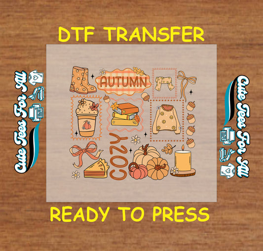 Cozy autumn patchwork with pumpkins, sweaters, coffee, books, and cozy text ready to press dtf transfer for DIY shirts