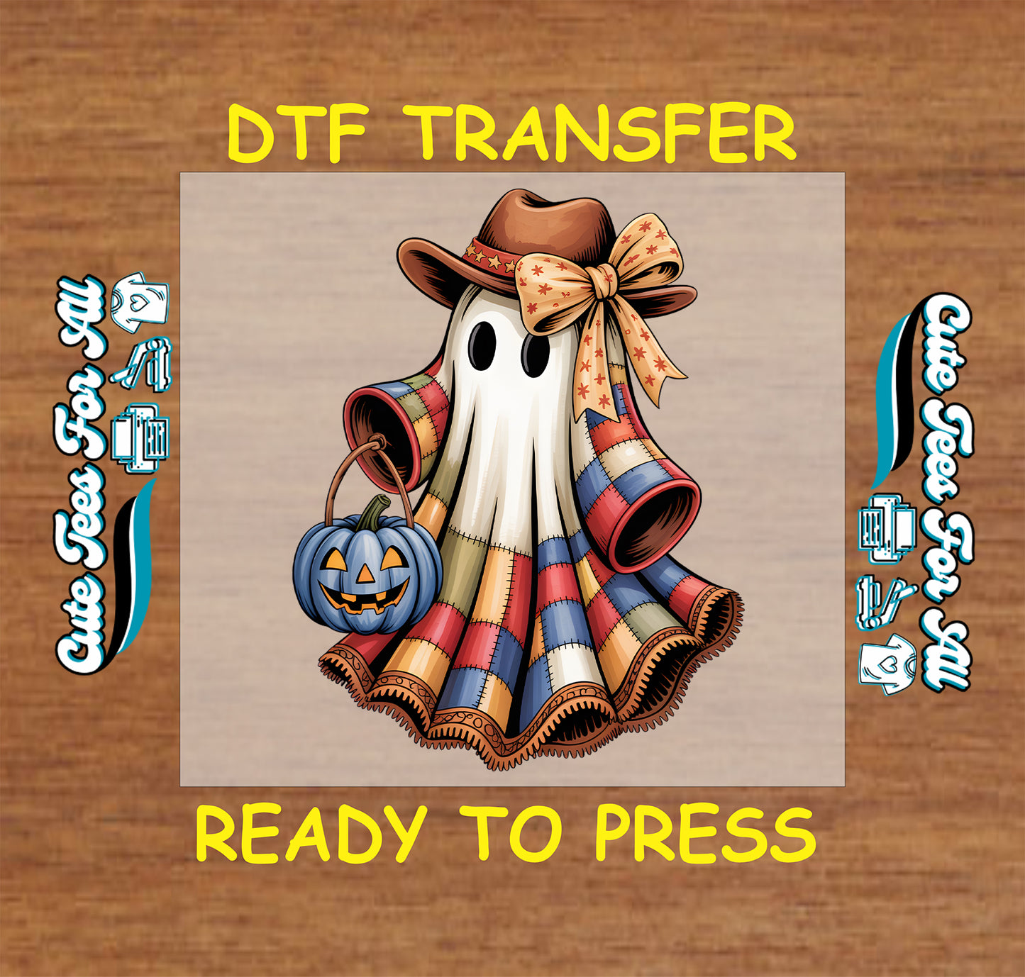 Halloween ghost with cowboy hat, bow, and patchwork quilt holding pumpkin ready to press dtf transfer for DIY shirts
