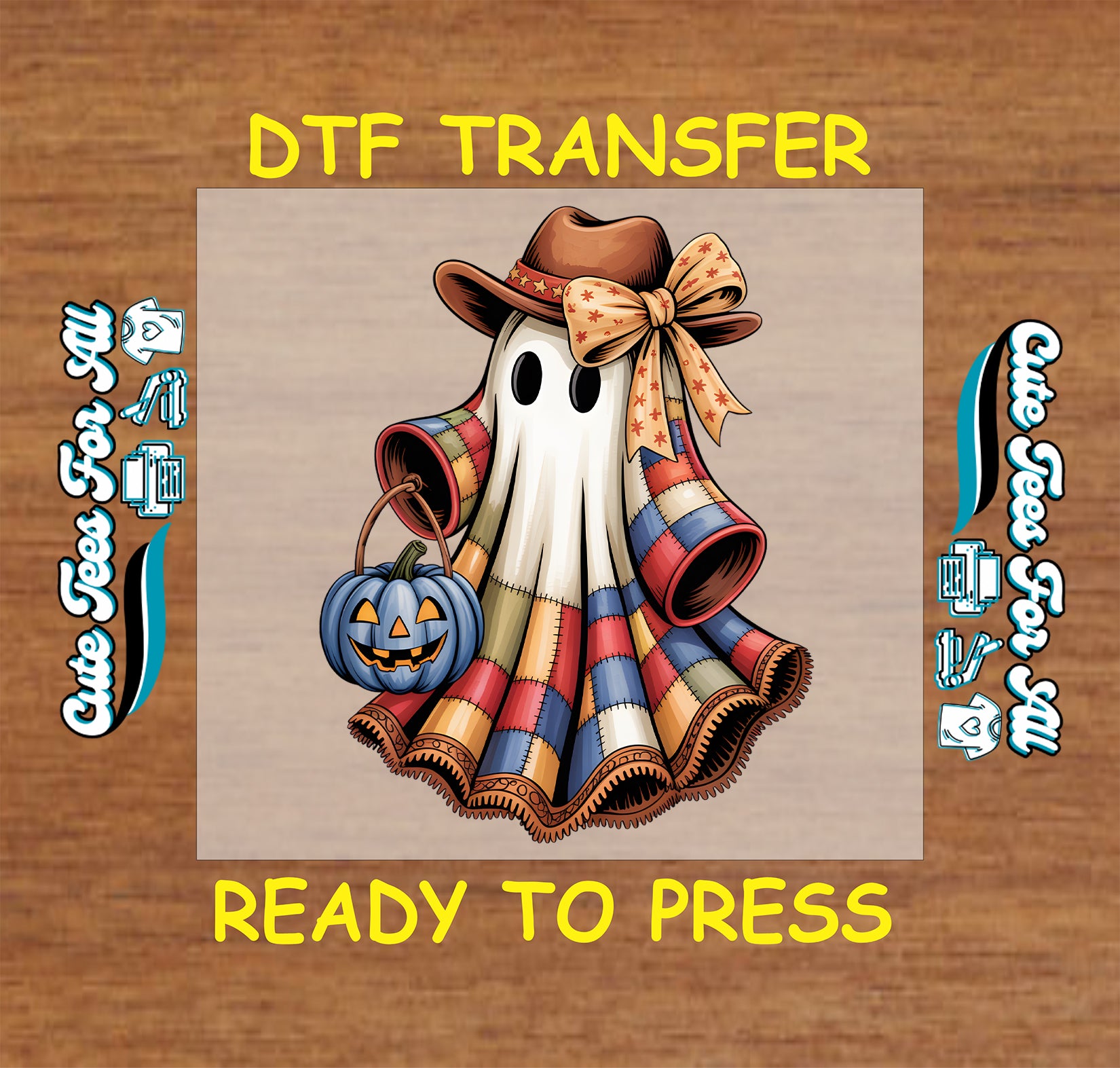 Halloween ghost with cowboy hat, bow, and patchwork quilt holding pumpkin ready to press dtf transfer for DIY shirts