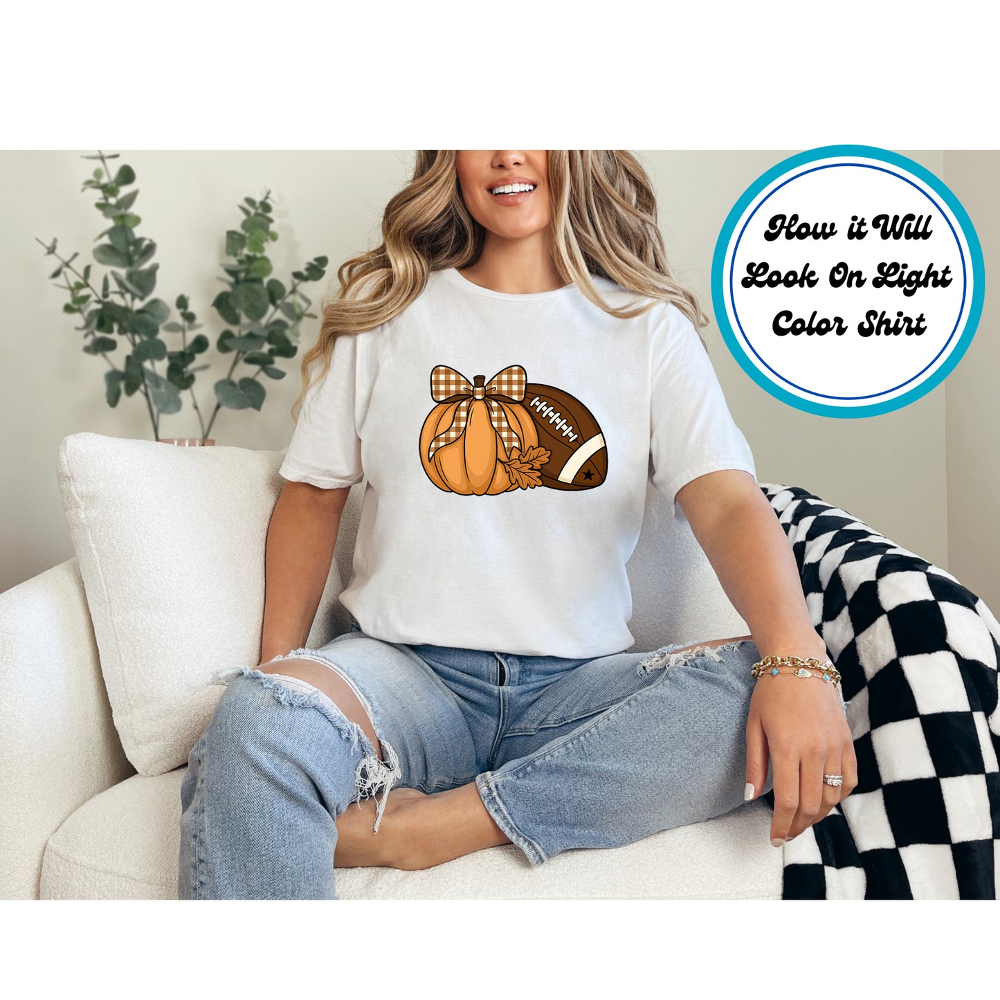 Fall Pumpkin with Gingham Bow and Football DTF Transfer – Ready to Press Iron On Heat Transfer for DIY Shirts 11383
