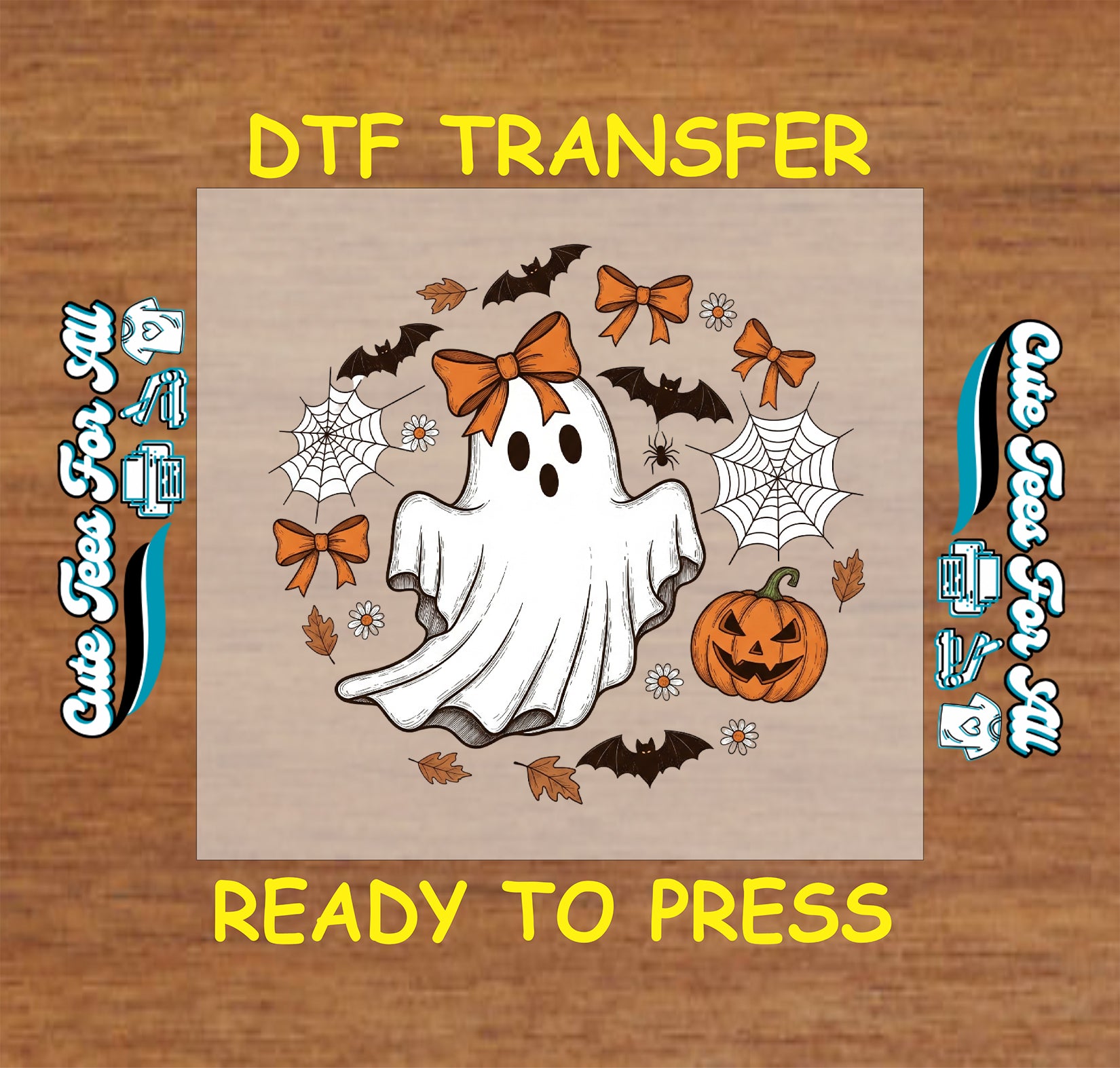 Halloween ghost with orange bow, pumpkin, bats, spider webs ready to press dtf heat transfer for DIY shirts