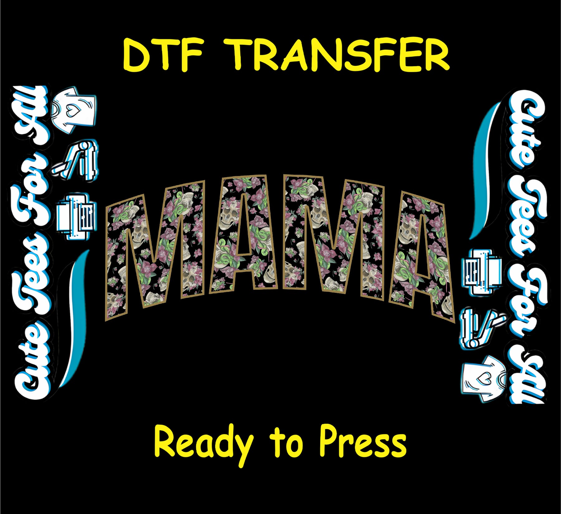 Halloween skull and floral MAMA dtf transfer ready to press iron on heat transfer for diy shirts