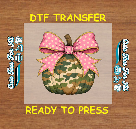 Camouflage pumpkin with pink polka dot bow ready to press dtf transfer for DIY shirts