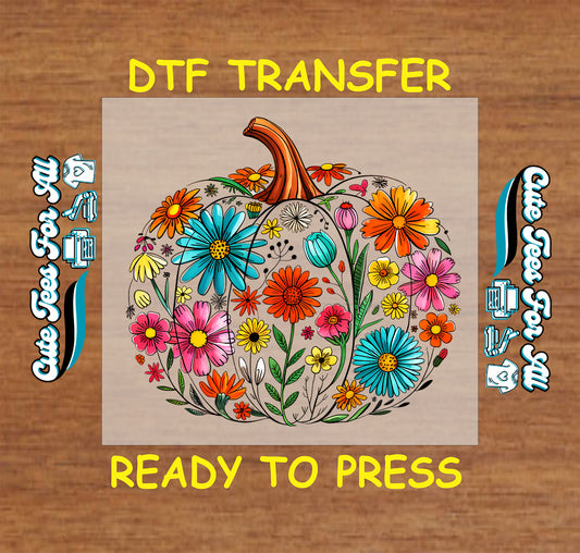Colorful floral pumpkin ready to press dtf transfer for DIY shirts
