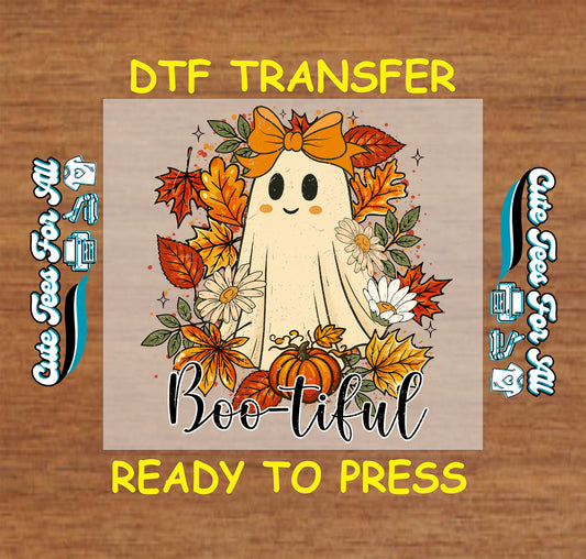 Cute ghost with bow, pumpkins, fall flowers, and Boo-tiful text ready to press dtf transfer for DIY shirts