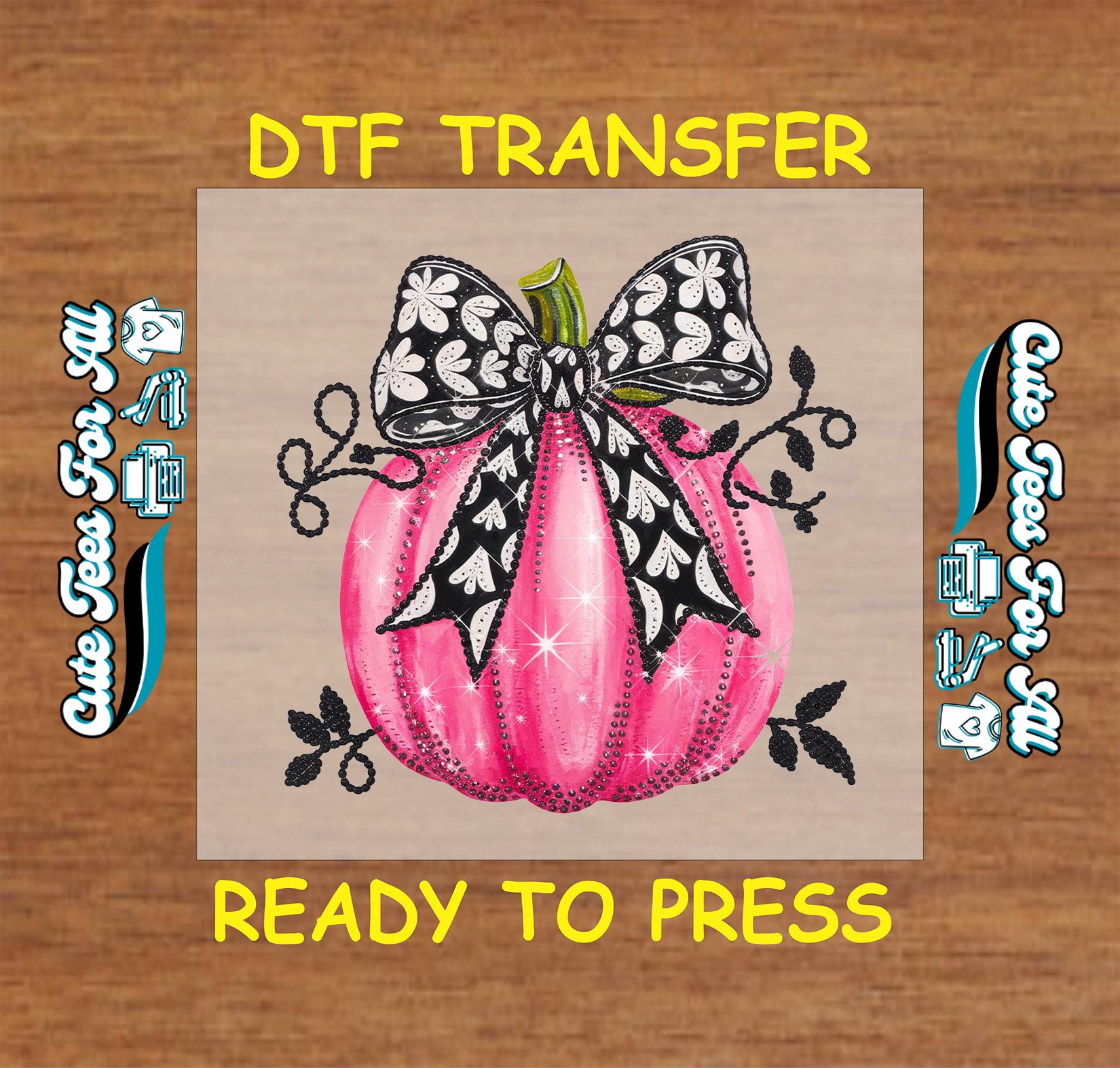 Pink pumpkin with black and white bow ready to press dtf transfer for DIY shirts