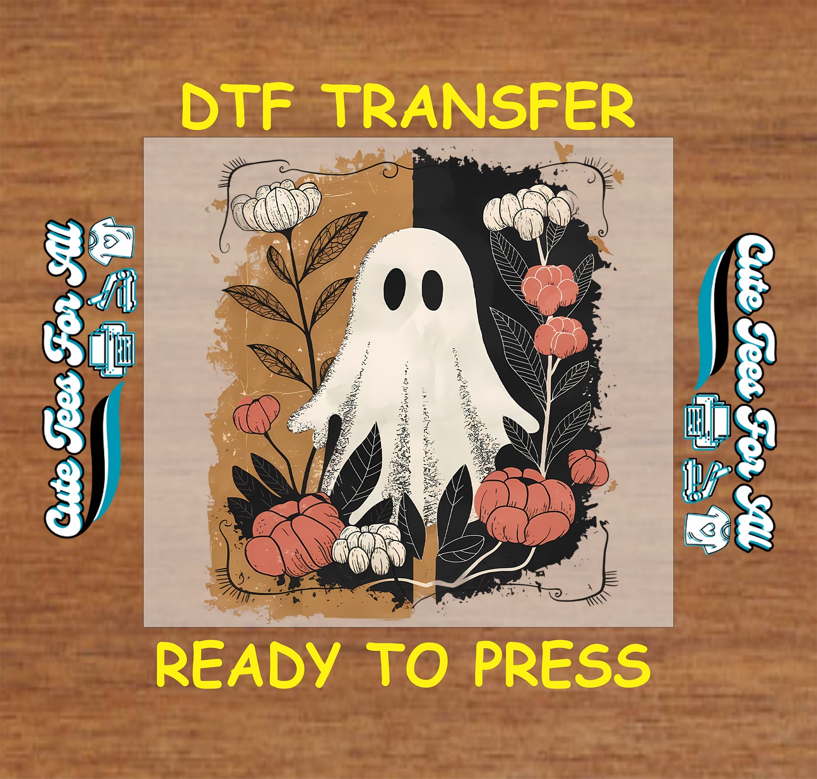 Vintage ghost with pumpkins and floral split background ready to press dtf transfer for DIY shirts