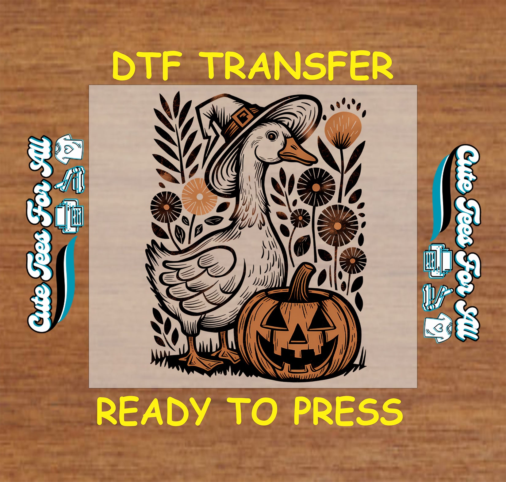 Goose in witch hat with jack-o’-lantern pumpkin ready to press dtf transfer for DIY shirts