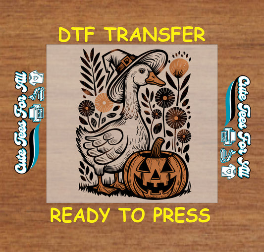 Goose in witch hat with jack-o’-lantern pumpkin ready to press dtf transfer for DIY shirts