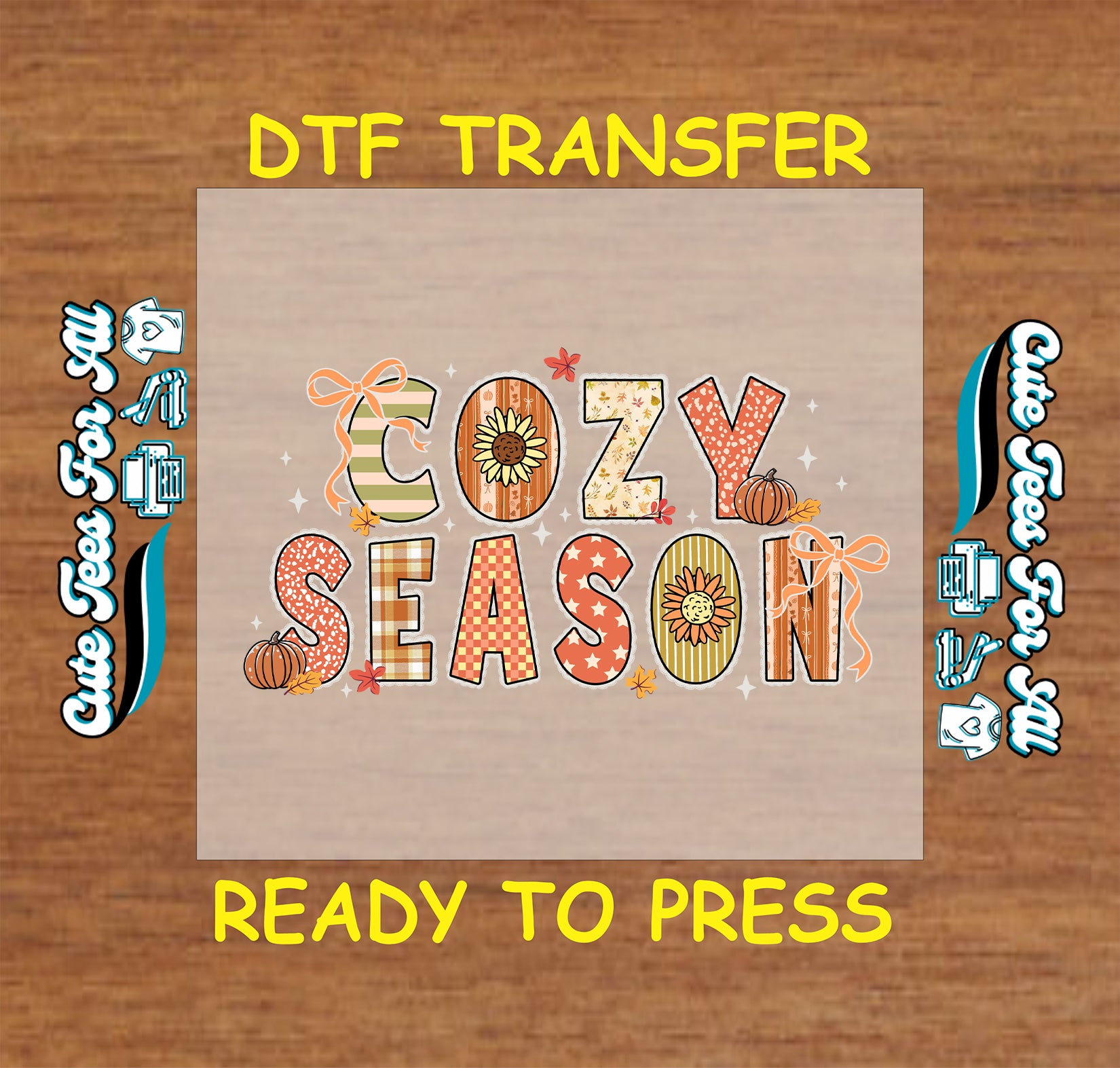 Cozy Season patchwork letters with pumpkins and bows ready to press dtf transfer for DIY shirts