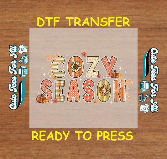 Cozy Season patchwork letters with pumpkins and bows ready to press dtf transfer for DIY shirts