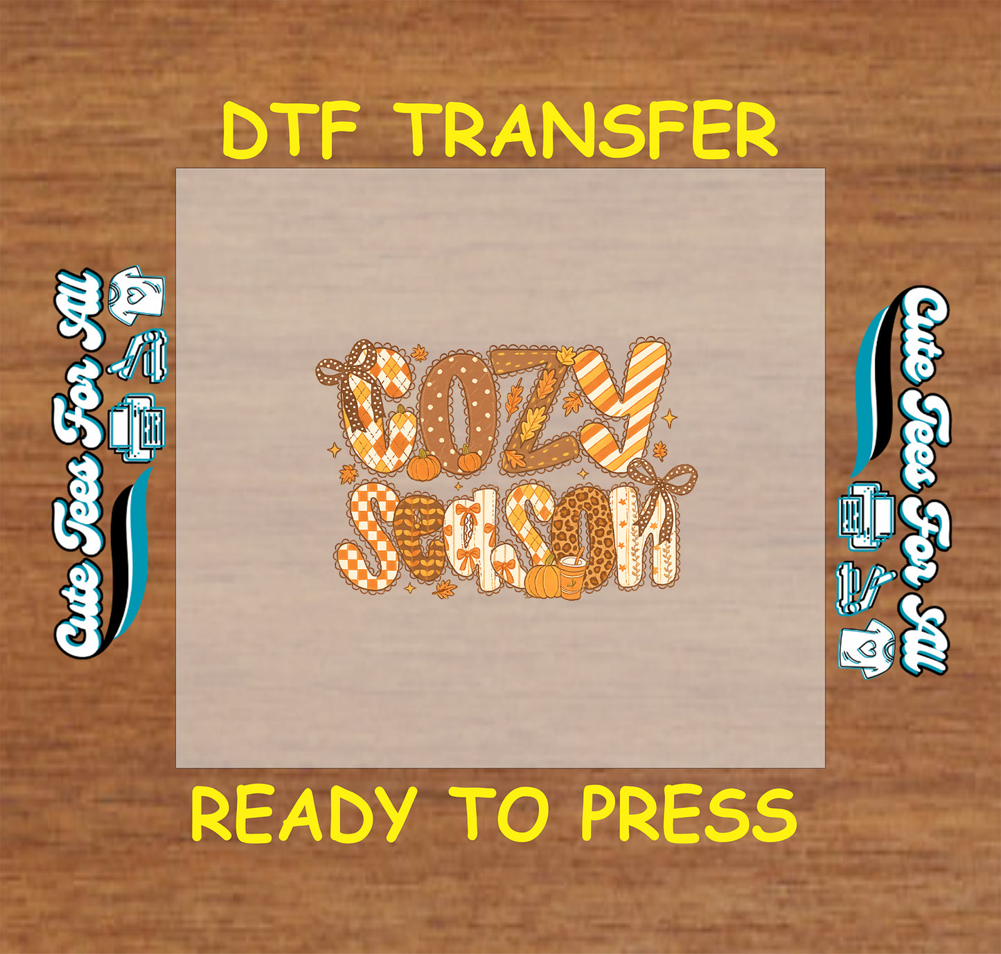 Cozy Season patchwork letters with pumpkins ready to press dtf transfer for DIY shirts