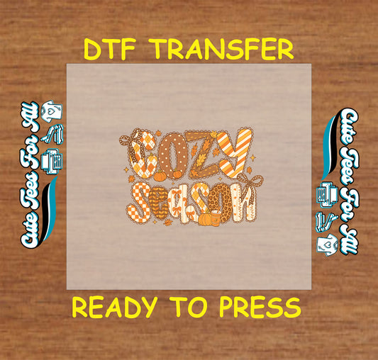 Cozy Season patchwork letters with pumpkins ready to press dtf transfer for DIY shirts