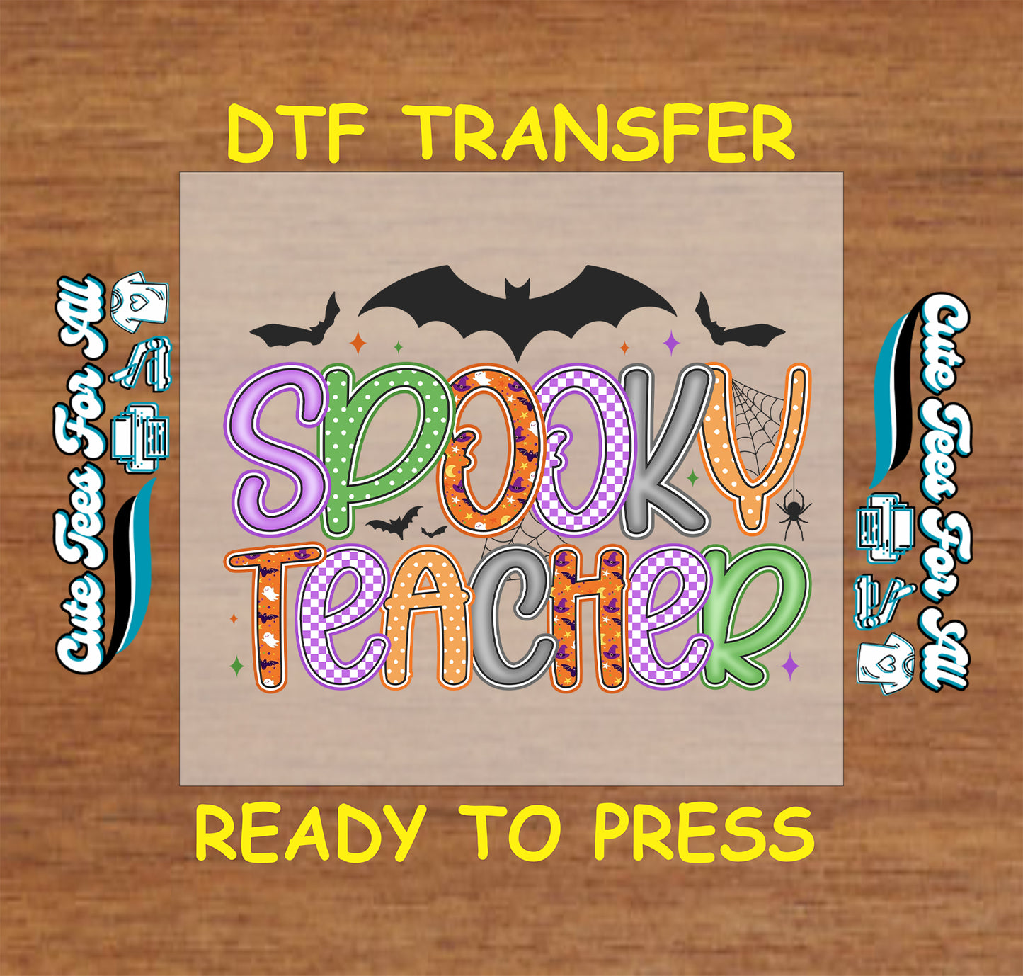 Spooky Teacher Halloween text with bats and cobwebs ready to press dtf transfer for DIY shirts