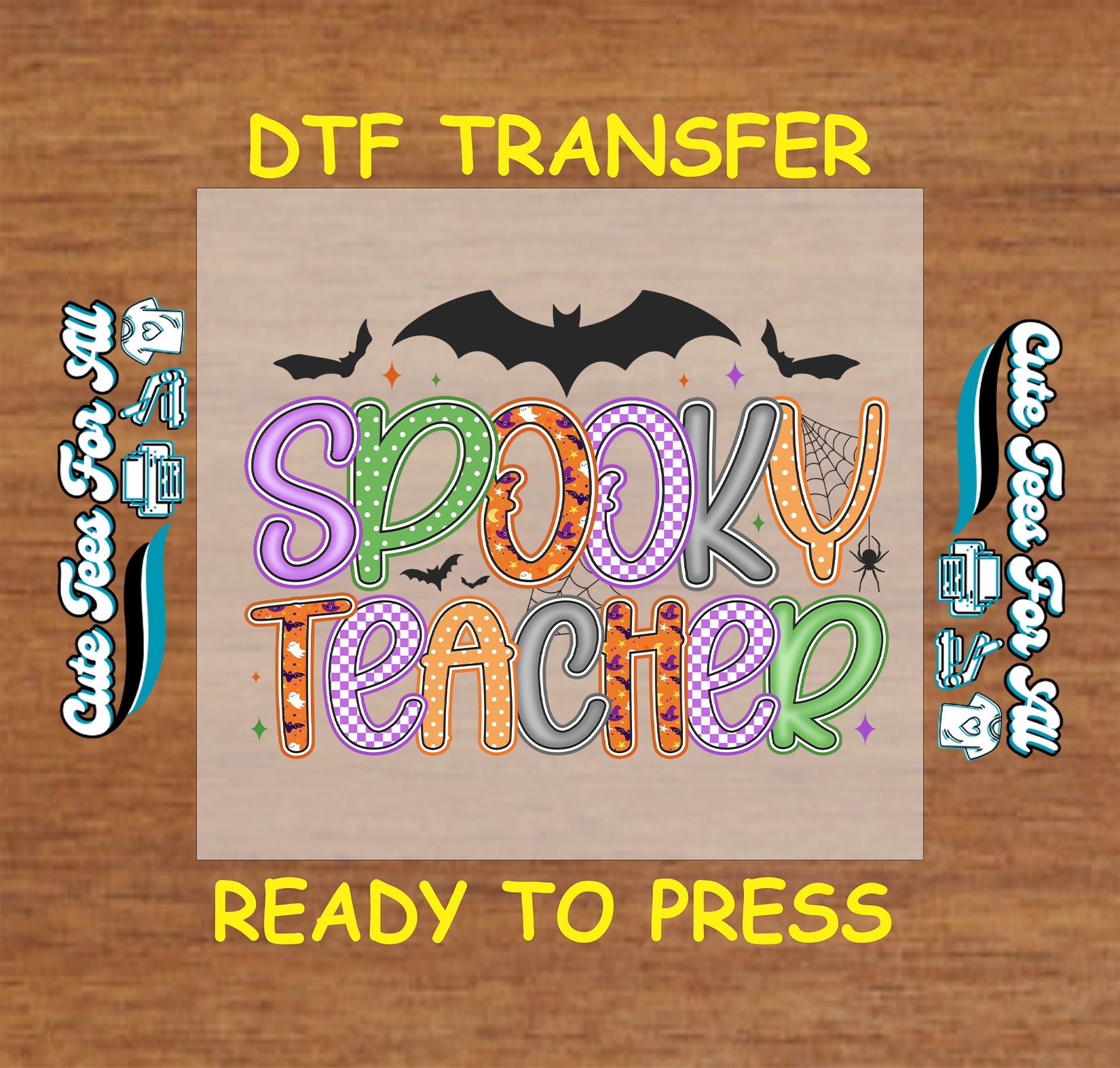 Spooky Teacher Halloween text with bats and cobwebs ready to press dtf transfer for DIY shirts