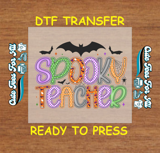 Spooky Teacher Halloween text with bats and cobwebs ready to press dtf transfer for DIY shirts