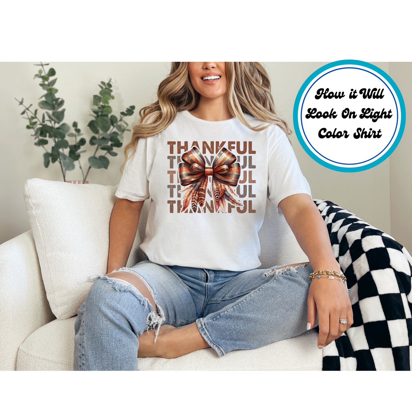Thanksgiving Thankful Bow and Feathers DTF Transfer – Ready to Press Iron On Heat Transfer for DIY Shirts 11419