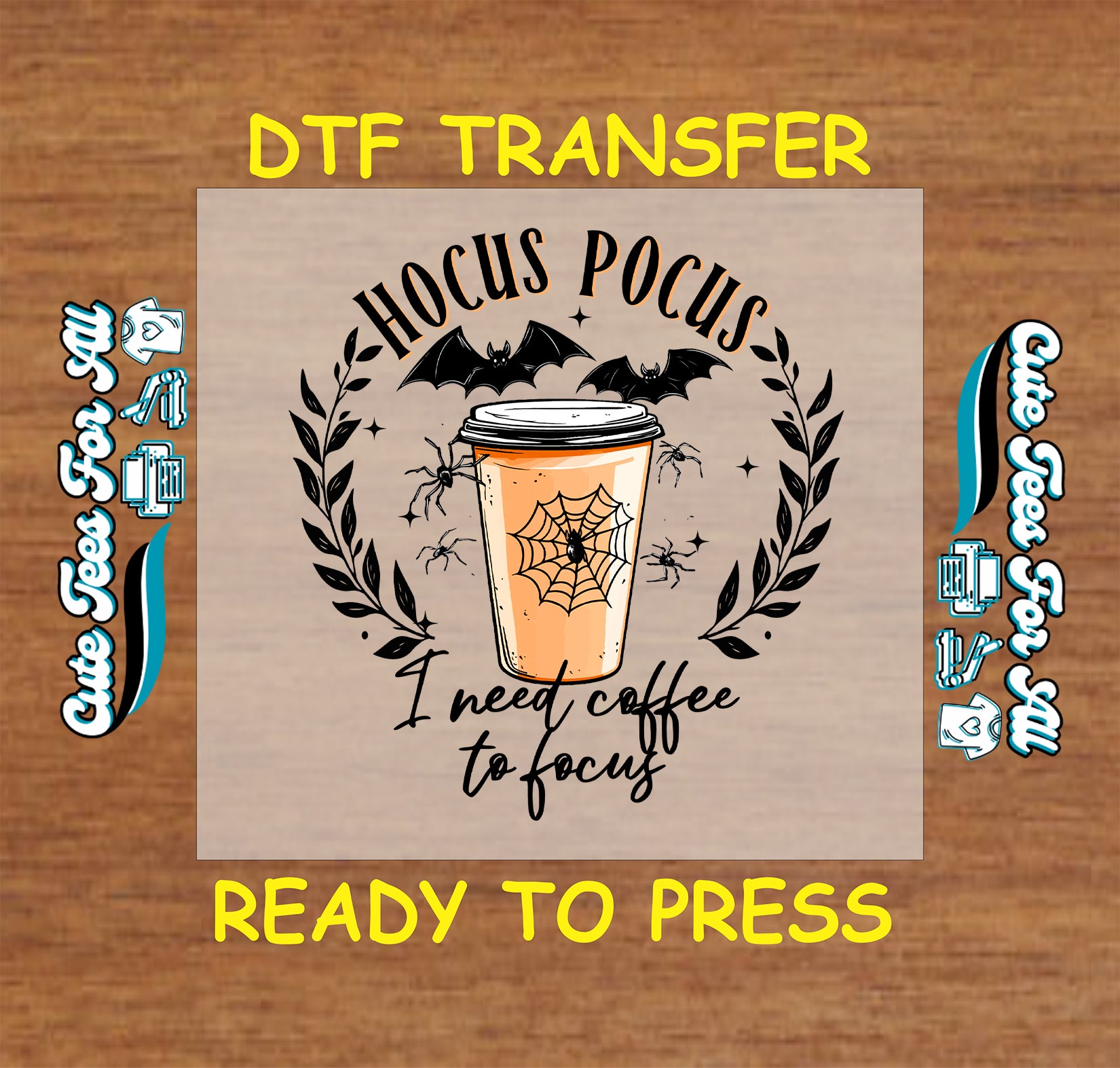 Halloween hocus pocus coffee cup bats spider web ready to press DTF transfer for DIY shirts