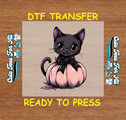 Halloween black cat in pink pumpkin with bow ready to press DTF transfer for DIY shirts
