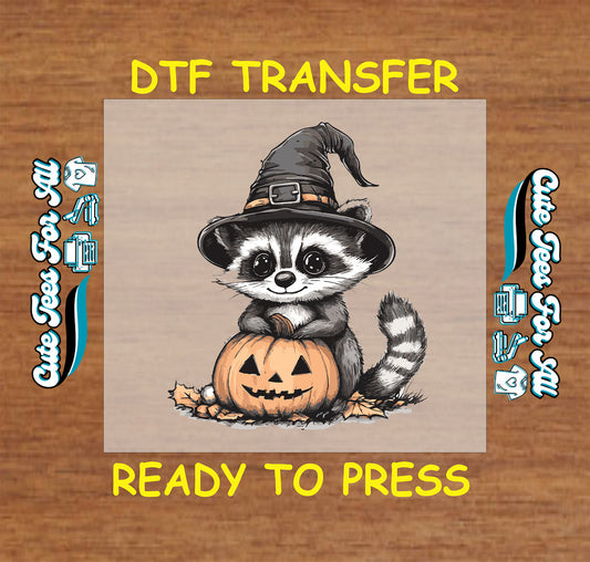 Halloween raccoon with witch hat and pumpkin ready to press DTF transfer for DIY shirts