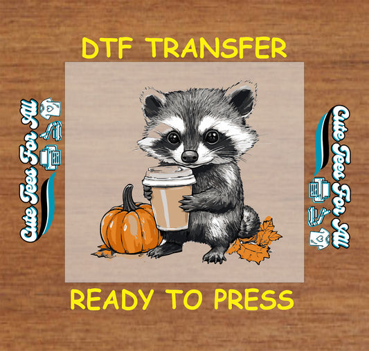 Fall raccoon with coffee cup and pumpkin ready to press DTF transfer for DIY shirts
