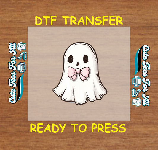 Halloween cute ghost with pink bow ready to press DTF transfer for DIY shirts