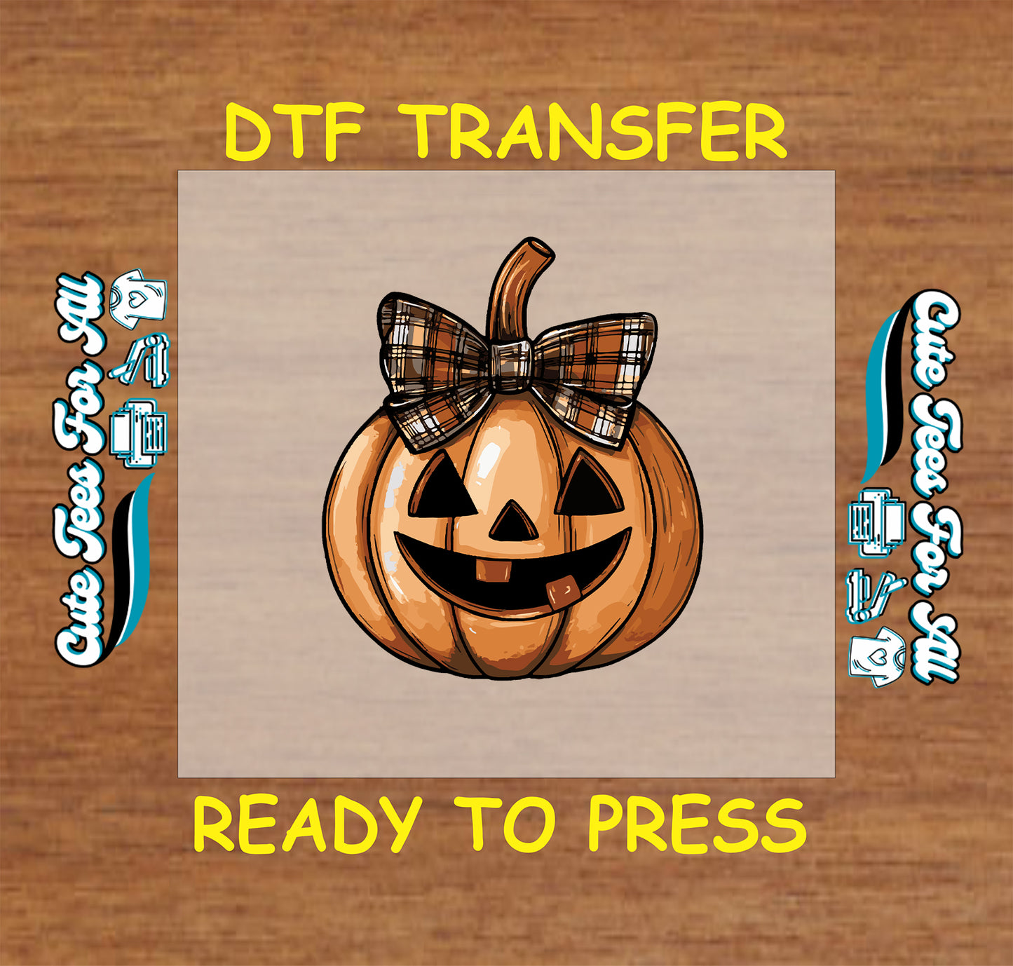 Halloween jack o lantern pumpkin with plaid bow ready to press DTF transfer for DIY shirts