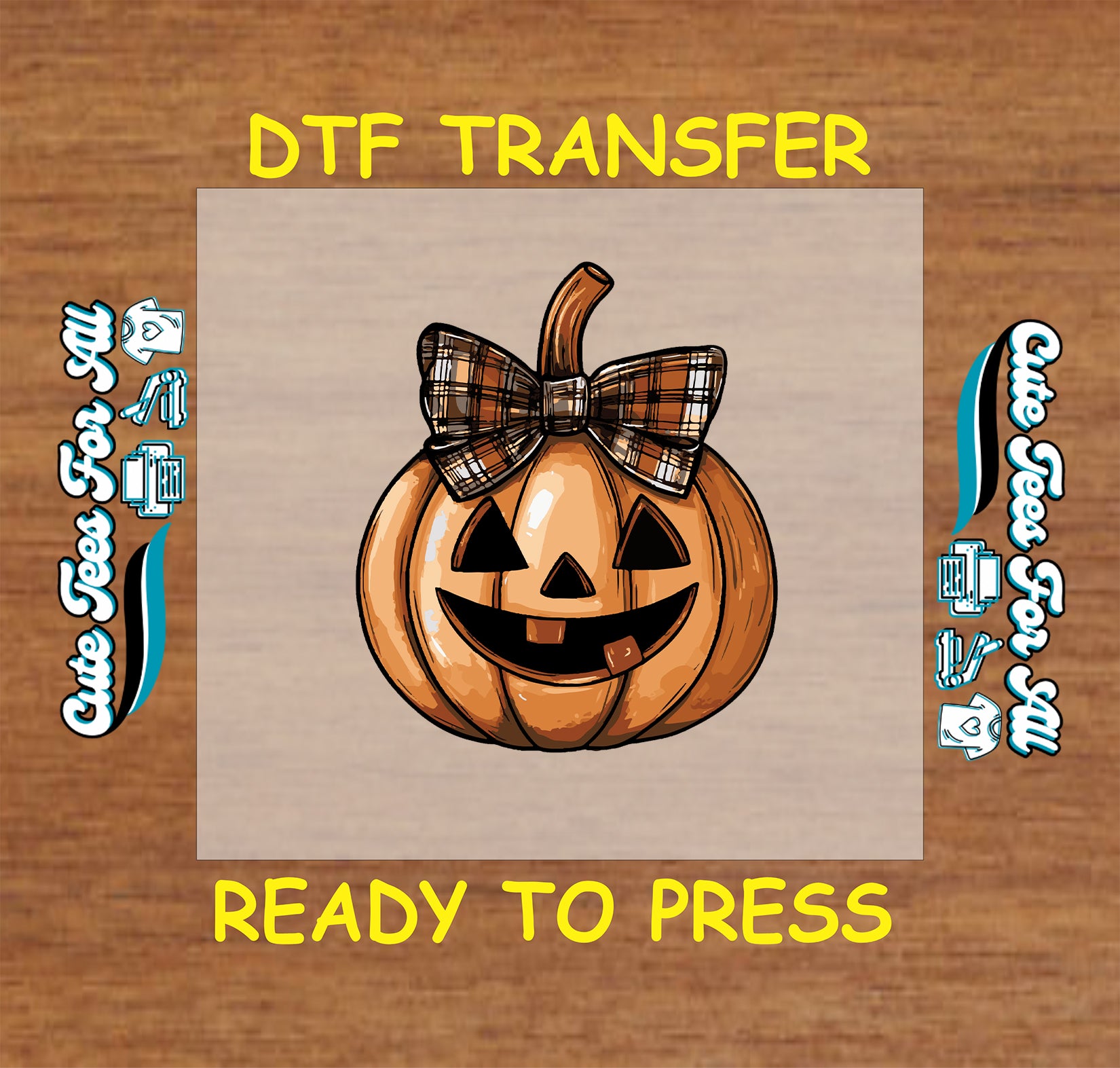 Halloween jack o lantern pumpkin with plaid bow ready to press DTF transfer for DIY shirts