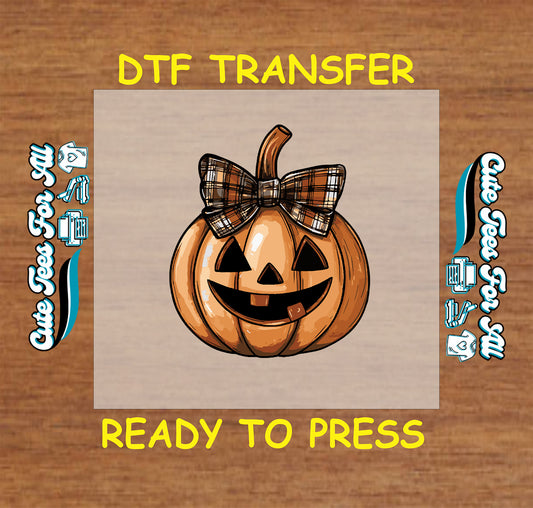 Halloween jack o lantern pumpkin with plaid bow ready to press DTF transfer for DIY shirts
