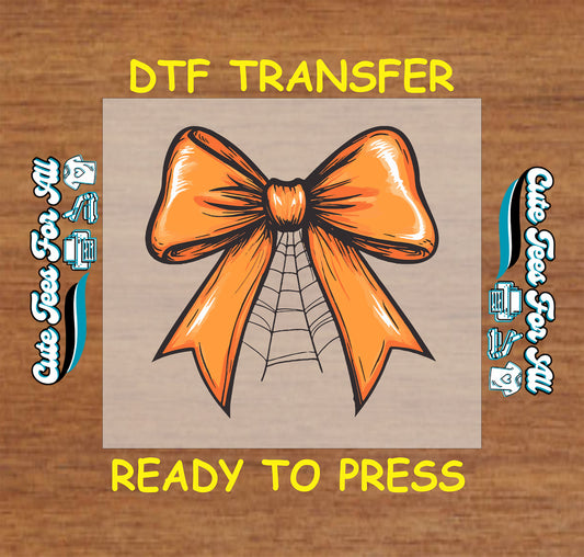 Halloween orange bow with spider web ready to press DTF transfer for DIY shirts