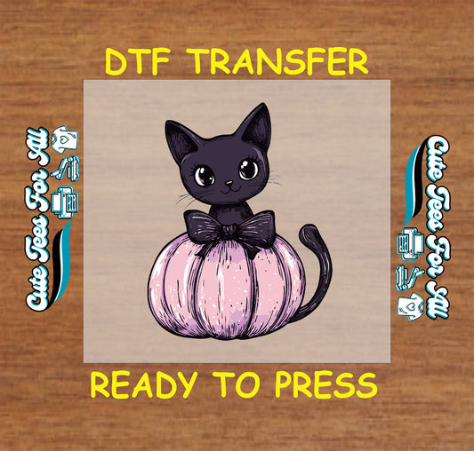 Halloween black cat in pink pumpkin with bow ready to press DTF transfer for DIY shirts