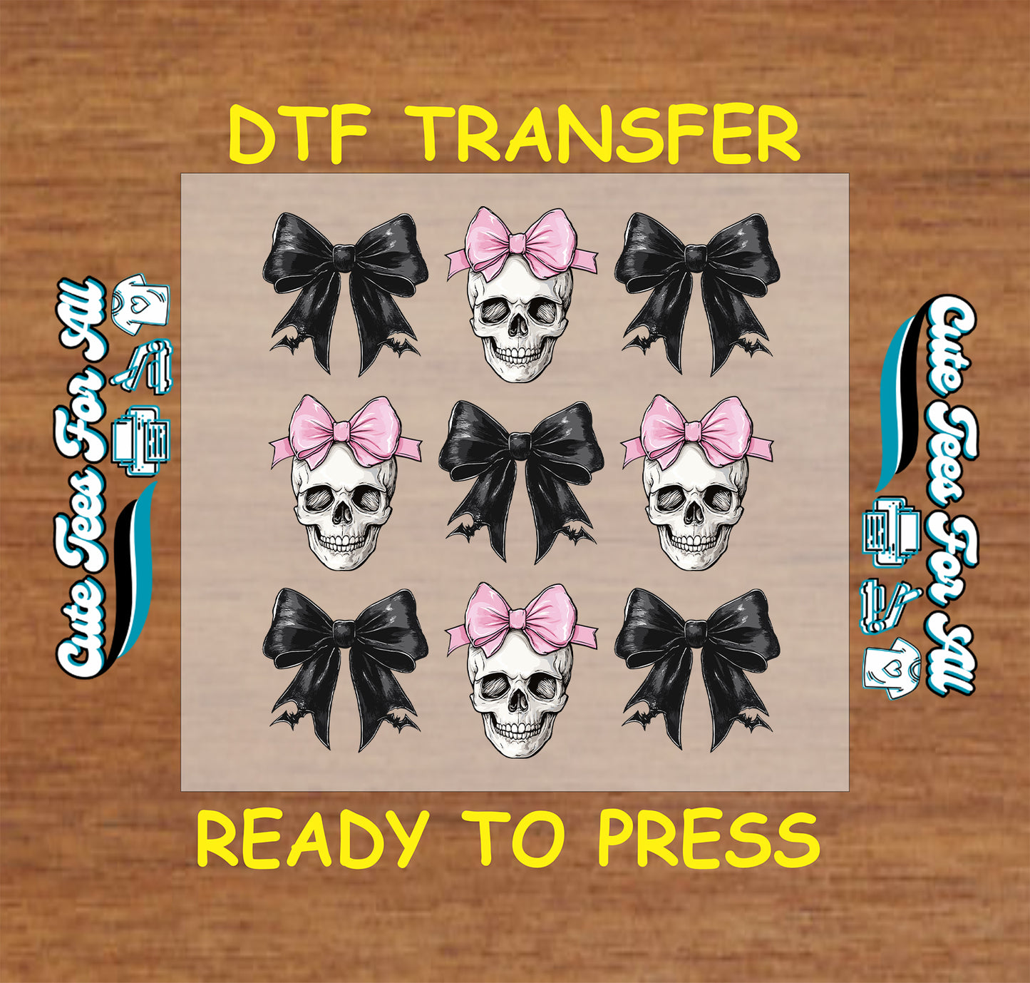 Halloween skulls with pink and black bows ready to press DTF transfer for DIY shirts