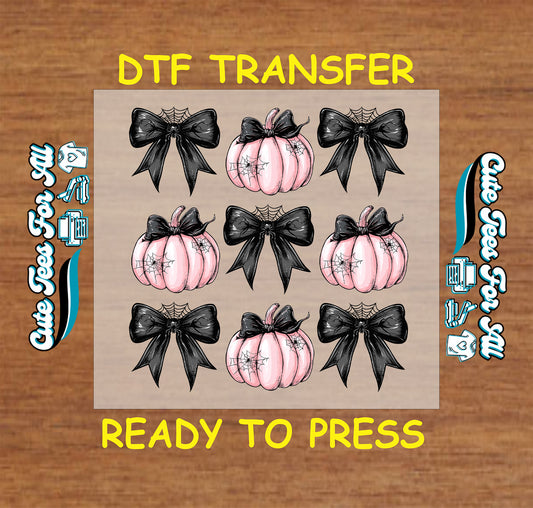 Halloween pink pumpkins with black bows and spider webs ready to press DTF transfer for DIY shirts