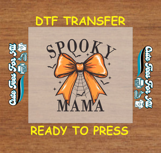 Halloween spooky mama orange bow with spider web ready to press DTF transfer for DIY shirts