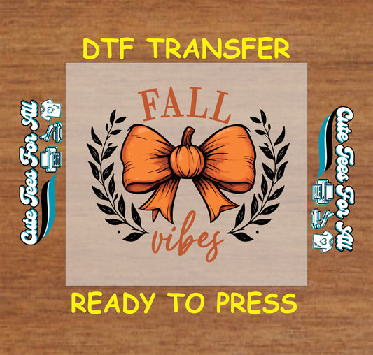 Fall vibes pumpkin bow with laurel wreath ready to press DTF transfer for DIY shirts