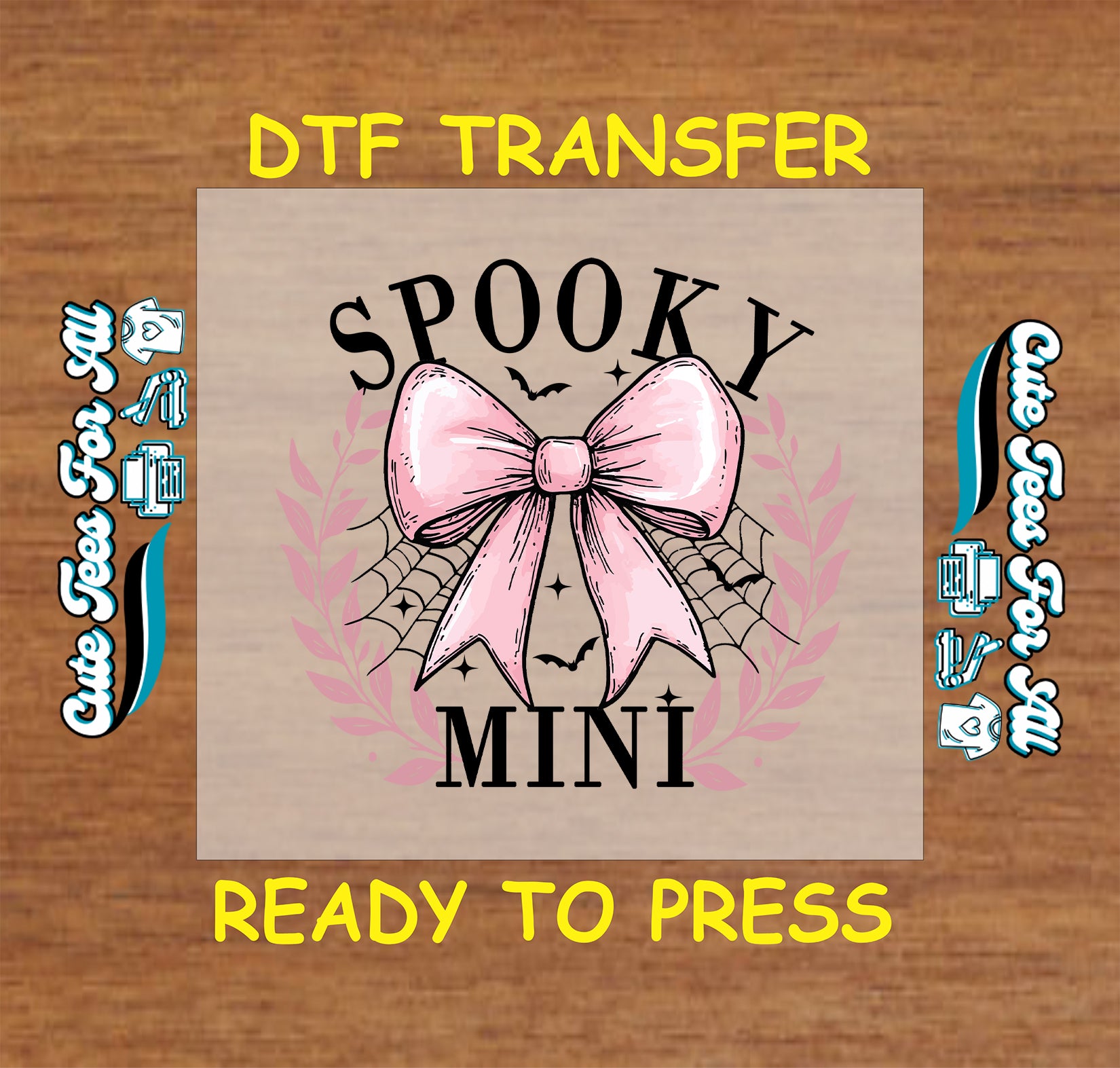 Halloween spooky mini pink bow with spider web ready to press DTF transfer for DIY shirts