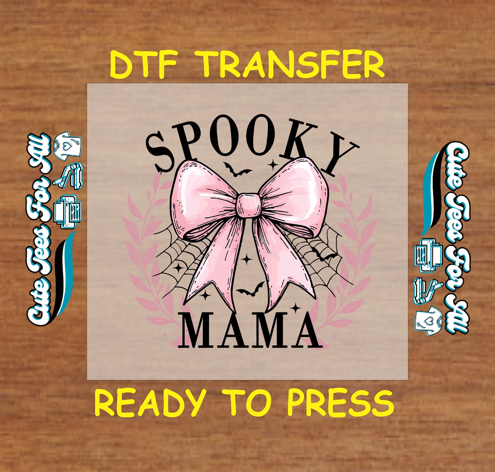 Halloween spooky mama pink bow with spider web ready to press DTF transfer for DIY shirts