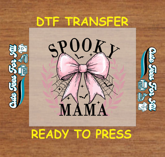 Halloween spooky mama pink bow with spider web ready to press DTF transfer for DIY shirts