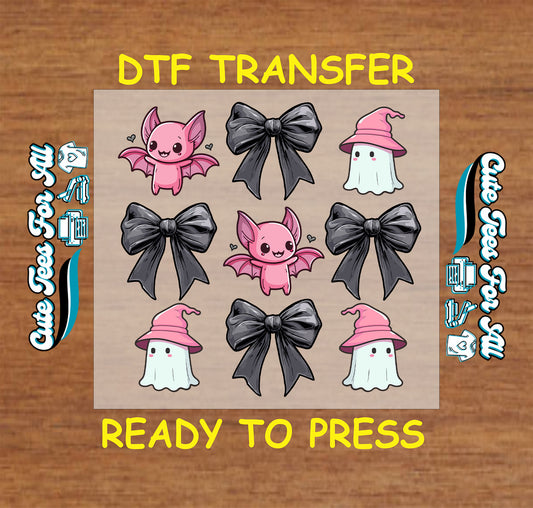 Halloween pastel pink bats ghosts and black bows ready to press DTF transfer for DIY shirts
