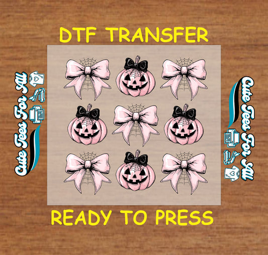 Halloween pink jack o lantern pumpkins with bows ready to press DTF transfer for DIY shirts