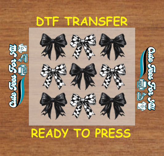 Black and checkered bow Halloween DTF transfer sheet ready to press for DIY shirts